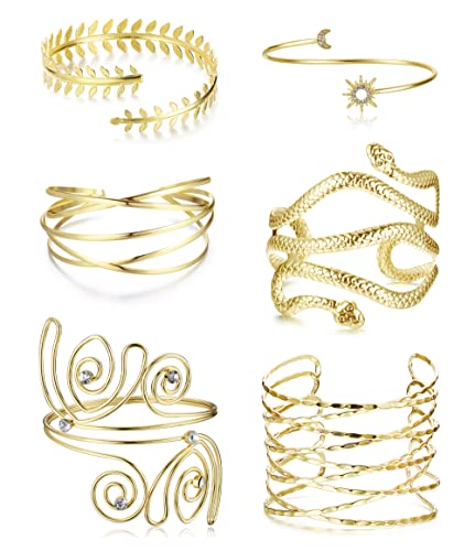 ORAZIO 6 PCS Oberarmreif Gold Oberarm Manschetten Armbänder für Damen Armreif Oberarm Offene Armreifen Einfaches Schlangen Spiralarm Band Set Verstellbare Armreif Schmuck für Halloween Accessoires von ORAZIO