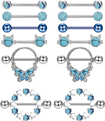 ORAZIO 6 Paar 14G Nippelringe für Frauen 316L Edelstahl Herz Schmetterling Mond CZ Blume Langhantel Nippelringe Set Niedlicher Nippelring Piercingschmuck von ORAZIO