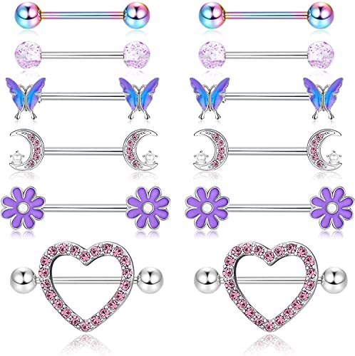 ORAZIO 6 Paar 14G Nippelringe für Frauen 316L Edelstahl Herz Schmetterling Mond CZ Blume Langhantel Nippelringe Set Niedlicher Nippelring Piercingschmuck von ORAZIO