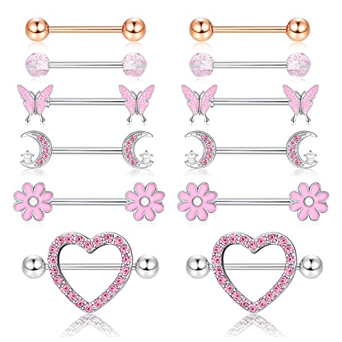 ORAZIO 6 Paar 14G Nippelringe für Frauen 316L Edelstahl Herz Schmetterling Mond CZ Blume Langhantel Nippelringe Set Niedlicher Nippelring Piercingschmuck von ORAZIO