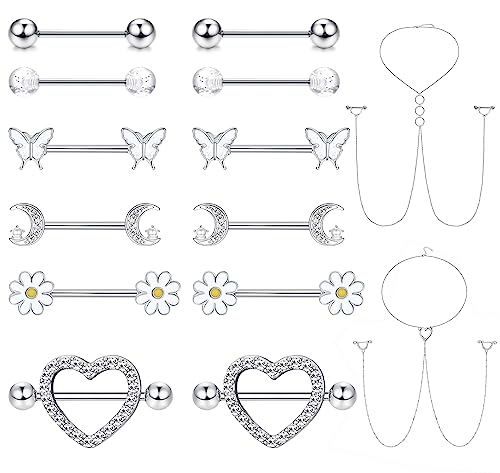 ORAZIO 6 Paar 14G Nippelringe für Frauen 316L Edelstahl Herz Schmetterling Mond CZ Blume Langhantel Nippelringe Set Niedlicher Nippelring Piercingschmuck von ORAZIO