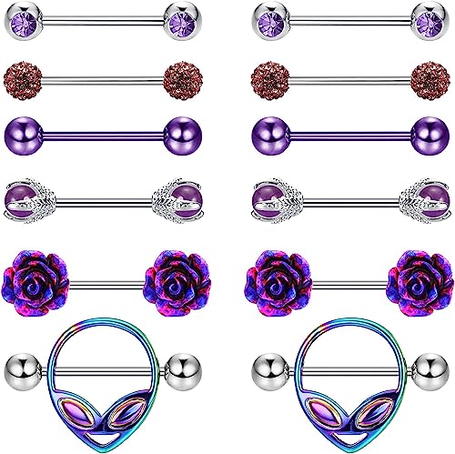 ORAZIO 6 Paar 14G Nippelringe für Frauen 316L Edelstahl Herz Schmetterling Mond CZ Blume Langhantel Nippelringe Set Niedlicher Nippelring Piercingschmuck von ORAZIO