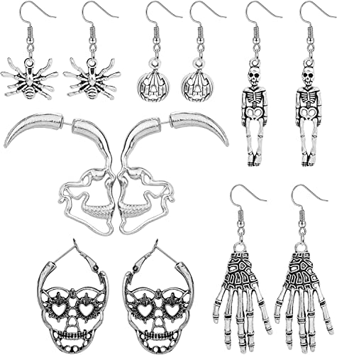 ORAZIO 6 Paar Halloween-Ohrringe für Damen Mädchen | Gothic Halloween Drop Dangle Ohrstecker Set | Spinnen-Skelett-Schädel-Gesicht Kürbis-Ohrringe | Palm Bones Dangle Ohrringe für Halloween-Party von ORAZIO