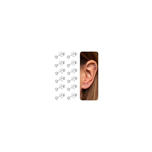 ORAZIO 6 Paar Kleine Ohrstecker Silber 925 Damen Herren Mädchen 2mm Zirkonia Ohrringe Ohrknorpel Piercing Nickelfrei Runde Ohrstecker Set Silber Klein von ORAZIO