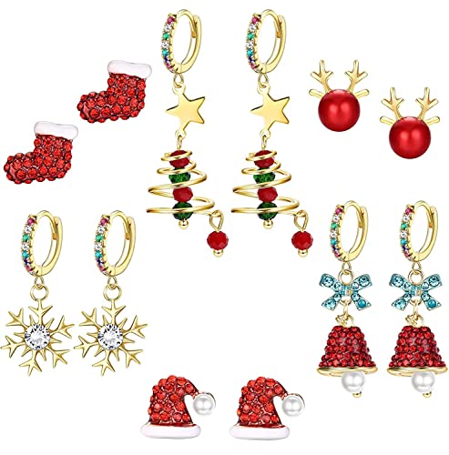 ORAZIO 6 Paar Weihnachts Ohrringe für Frauen Mädchen, Creolen mit Schneeflocke Glocke Weihnachtsbaum Baumeln rot Rentier Weihnachtsmann Mütze Ohrstecker Ohrringe, Weihnachten Ohrringe Anhänger Set von ORAZIO