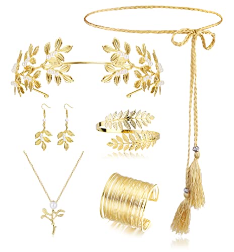 ORAZIO 7 Stück Griechische Göttin Kostüm Zubehör Set für Frauen Goldene Römische Lorbeerblatt Krone Haarbänder Haarspange Spule Perle Tropfen Ohrringe Braut Kopfschmuck Party Robe Cosplay Schmuck von ORAZIO