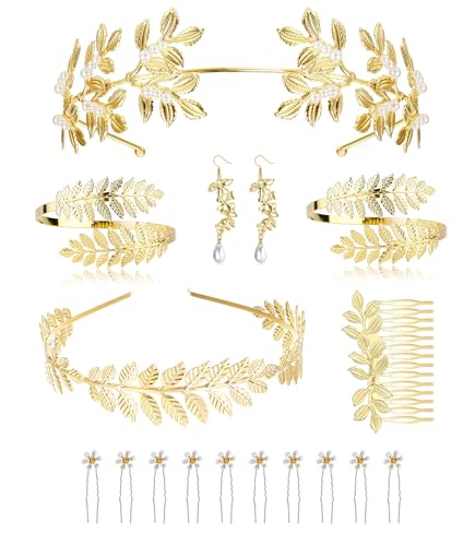 ORAZIO 7 Stück Griechische Göttin Kostüm Zubehör Set für Frauen Goldene Römische Lorbeerblatt Krone Haarbänder Haarspange Spule Perle Tropfen Ohrringe Braut Kopfschmuck Party Robe Cosplay Schmuck von ORAZIO