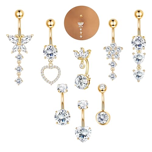 ORAZIO 8 Pcs Bauchnabelpiercing Gold Chirurgenstahl Damen Schmetterling Herz Zirkon 10MM Bauchnabelpiercing Gold Piercing Bauchnabel Damen von ORAZIO