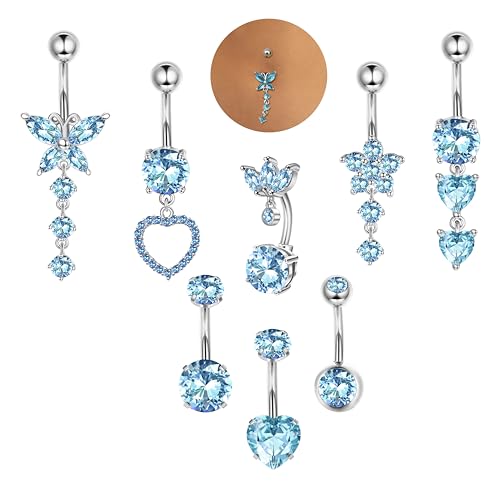 ORAZIO 8 Pcs Silber Bauchnabelpiercing Chirurgenstahl Damen 10MM Piercing Bauchnabel Schmetterling Herz Zirkon Bauchnabelpiercing Blau Belly Piercing Damen von ORAZIO
