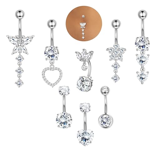 ORAZIO 8 Pcs Silber Bauchnabelpiercing Chirurgenstahl Damen Piercing Bauchnabel Schmetterling Herz Zirkon 10MM Bauchnabelpiercing Belly Piercing Damen von ORAZIO