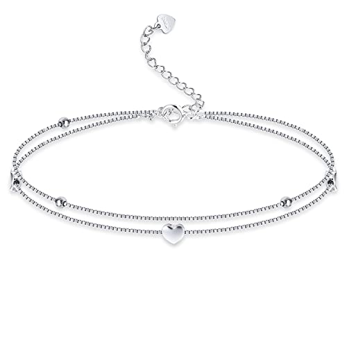 ORAZIO 925 Sterling Silber Fußkettchen Mehrschichtige Fußkettchen für Frauen Herz Runde Kugel Fußkettchen Verstellbare Kette Sommer Strand Fußschmuck von ORAZIO