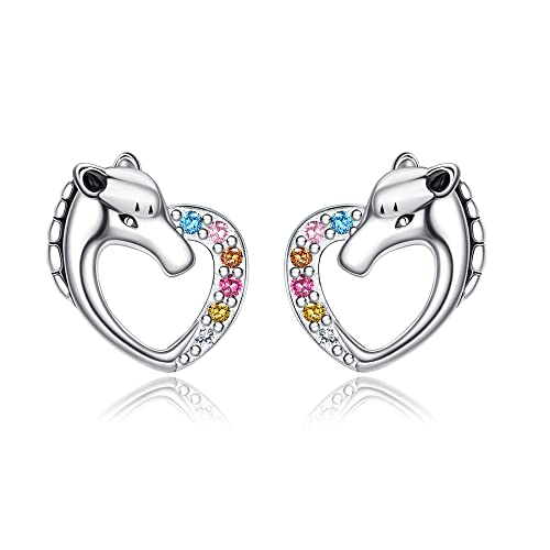 ORAZIO 925 Sterling Silver Stud Earrings for Women Girls, Small Sparkling Cubic Zirconia Stud Earrings Multicolored Round Star Heart Love Horse Hypoallergenic Earrings Dainty Silver Jewellery Gift D von ORAZIO