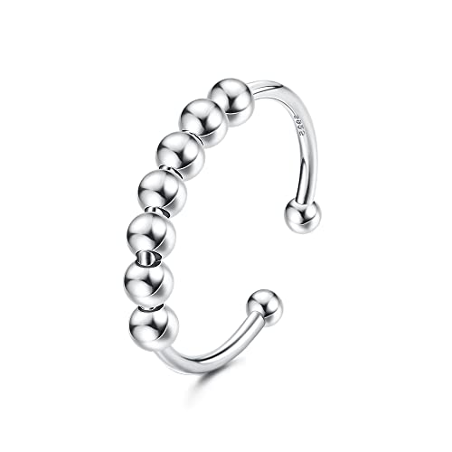 ORAZIO 925er Silberringe für Frauen Massiver Sterlingsilber Anxiety Thumb Fidget Ring Verstellbarer Spinner Ring für Angst Frauen Anti-Angst-Modering mit Perlenschmuck von ORAZIO