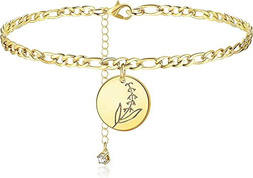 ORAZIO Geburtsmonat Blume Fußkettchen Armbänder für Frauen Figaro Kette Knöchel 14K Vergoldet Zierlich Geburtsmonat Floral Disc CZ Verstellbare Fußkettchen Frauen Sommer Strand Fuß Schmuck von ORAZIO