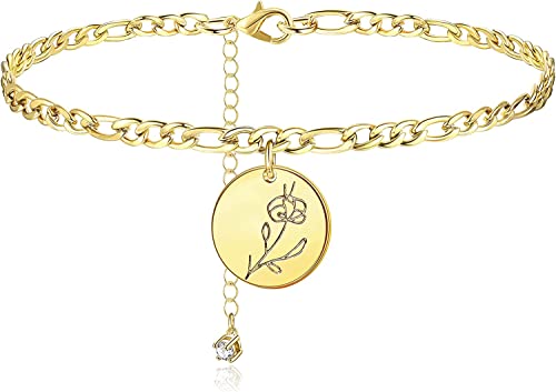 ORAZIO Geburtsmonat Blume Fußkettchen Armbänder für Frauen Figaro Kette Knöchel 14K Vergoldet Zierlich Geburtsmonat Floral Disc CZ Verstellbare Fußkettchen Frauen Sommer Strand Fuß Schmuck von ORAZIO