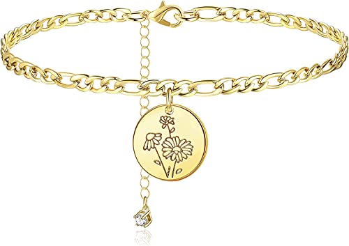 ORAZIO Geburtsmonat Blume Fußkettchen Armbänder für Frauen Figaro Kette Knöchel 14K Vergoldet Zierlich Geburtsmonat Floral Disc CZ Verstellbare Fußkettchen Frauen Sommer Strand Fuß Schmuck von ORAZIO