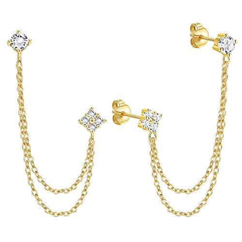 ORAZIO Kette Ohrstecker Double Piercing für Frauen Mädchen, 925 Sterling Silber Quaste Kette Baumeln Tropfen Ohrstecker mit Funkelnden CZ, 18 Karat Vergoldet Minimalist Ohrring für Empfindliche Ohren von ORAZIO