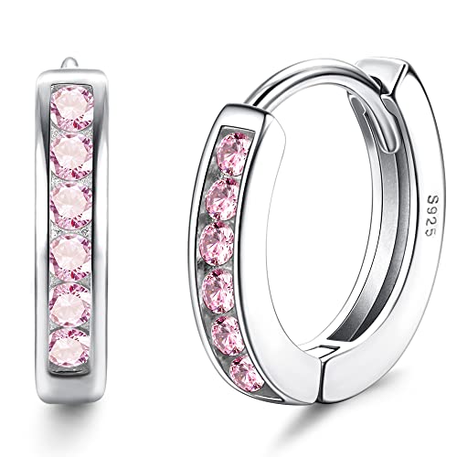 ORAZIO Kleine Silber Creolen Ohrringe mit rosa Zirkonia für Mädchen, Frauen, Teenager | 925 Sterling Silber Knorpel Tiny Sleeper Huggie Ohrringe | Roségoldene hypoallergene ohrringe für Kinder von ORAZIO