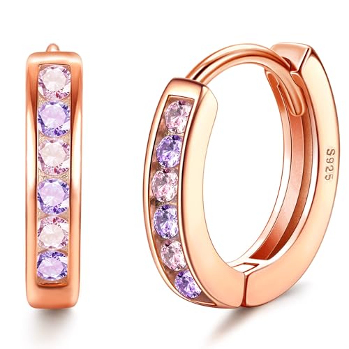 ORAZIO Kleine Silber Creolen Ohrringe mit rosa Zirkonia für Mädchen, Frauen, Teenager | 925 Sterling Silber Knorpel Tiny Sleeper Huggie Ohrringe | Roségoldene hypoallergene ohrringe für Kinder von ORAZIO