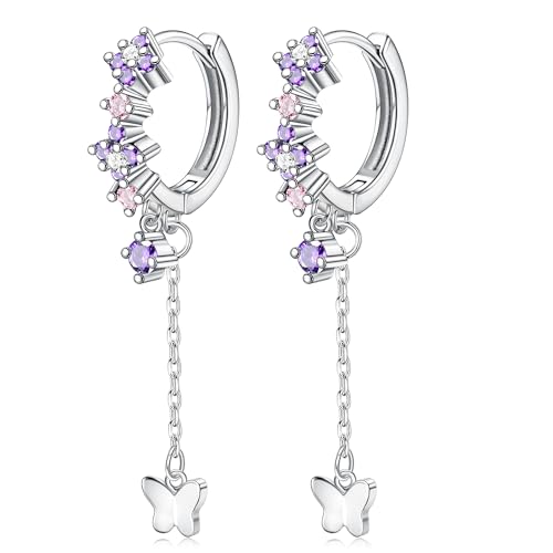 ORAZIO Silber 925 Kubischer Zirkon Tropfenohrringe Creolen Mit Anhänger für Damen Mädchen, Glänzend Kleine Huggie Ohrringe, Hypoallergene Creolen Ohrringe mit Schmetterling Anhänger Geburtstag von ORAZIO