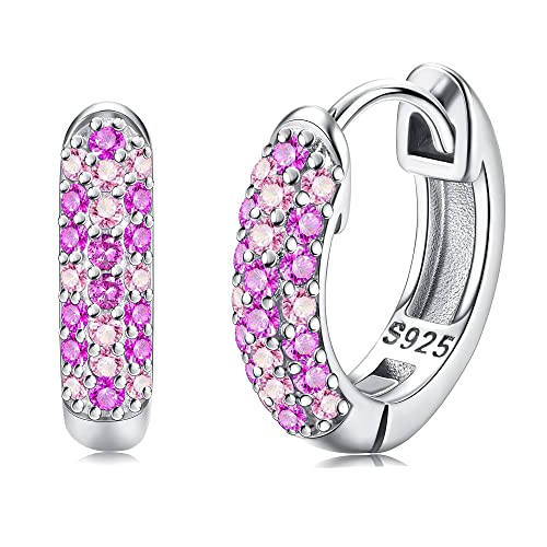 ORAZIO Silber Creolen Ohrringe für Damen 925 Sterling Silber Creolen Ohrringe mit bunten Cubic Zirkonia Hypoallergene Silber Huggie Scharnier Knorpel Ohrringe Rosa 2 von ORAZIO