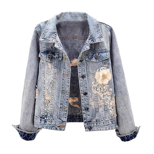 Jeansjacke Für Damen - Frühlings- Und Herbstmode Stickerei Jeansjacke Einfarbig Große Größe Einreihig Mit Taschenmantel Streetwear Blau S von ORDOBO