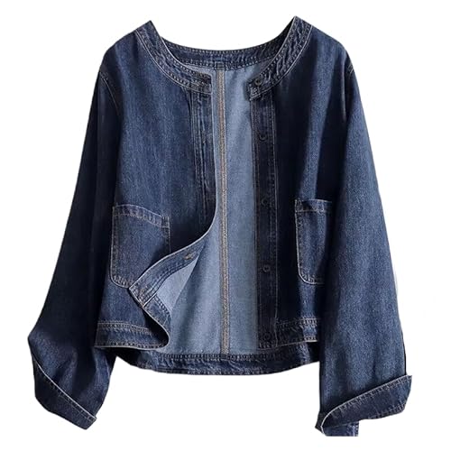 Jeansjacke Für Damen - Jeansjacke Im Koreanischen Stil Mit Rundhalsausschnitt Frühling Und Herbst Schlichte Einfarbige Jacke Mit Tasche Große Lockere Mantelkleidung Blau Xl von ORDOBO