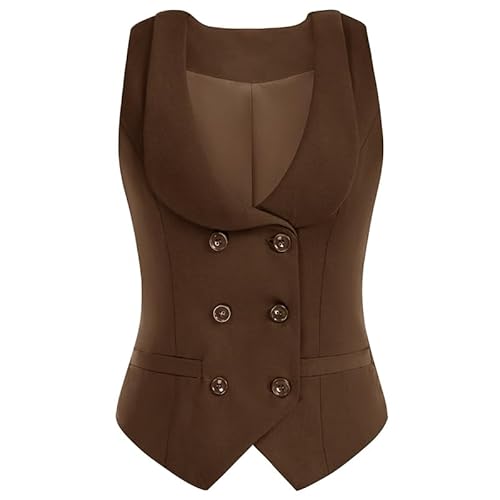 ORDOBO Damen Anzugweste - Übergröße Reverskragen Zweireihige Weste Ärmellos Fürs Businessbüro Formelle Strickjacke In Volltonfarbe Mit Knopfleiste Braun 5Xl von ORDOBO