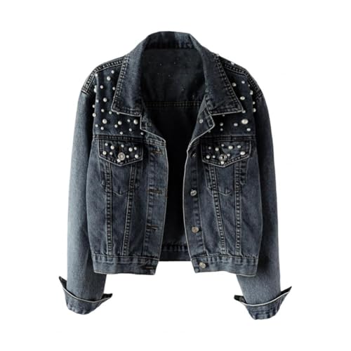 ORDOBO Jeansjacke Für Damen - Revers Frühling Herbst Perlen Jeansjacke Einfarbig Großformat Einreihig Mit Tasche Lockerer Mantel Kleidung Oberteil,Schwarz,L von ORDOBO