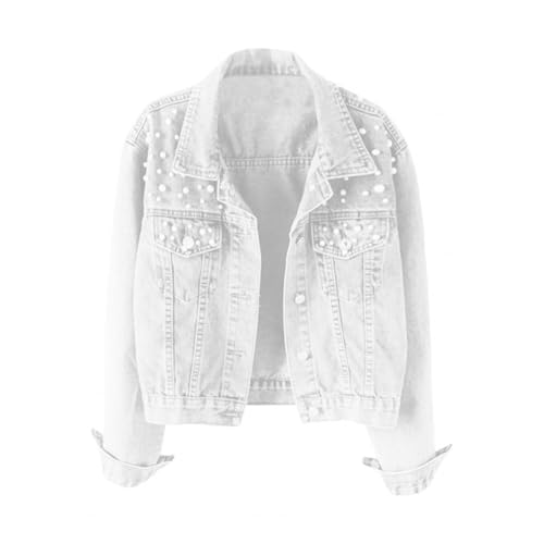 ORDOBO Jeansjacke Für Damen - Revers Frühling Herbst Perlen Jeansjacke Einfarbig Großformat Einreihig Mit Tasche Lockerer Mantel Kleidung Oberteil,Weiß,Xl von ORDOBO