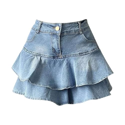 ORDOBO Jeansrock Für Damen - Koreanischer Stil Einfarbig Mit Rüschen Denim-Faltenrock Für Den Sommer Lässig Schlicht Hohe Taille Mit Tasche Große Kleidung Blau XXL von ORDOBO