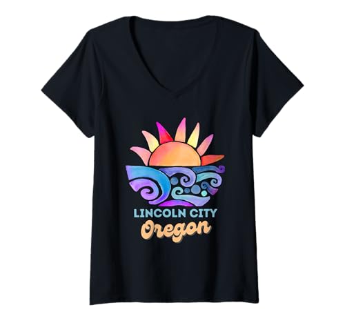 Damen Lincoln City Oregon Strandreise Roadtrip bei Sonnenuntergang T-Shirt mit V-Ausschnitt von OREGON VIBES