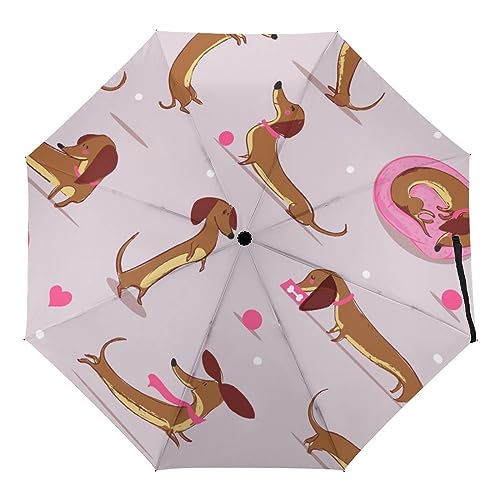 ORENZ Automatischer Regenschirm Dackel Hund Muster Faltbare Regenschirme Leichte Winddichte Regenschirme Tragbare Reiseschirme von ORENZ