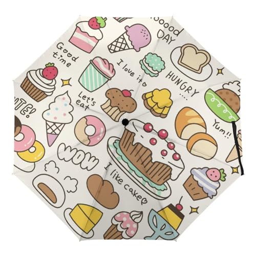 ORENZ Automatischer Regenschirm Kuchen Und Eiscreme-Muster Faltbare Regenschirme Leichte Winddichte Regenschirme Tragbare Reiseschirme von ORENZ