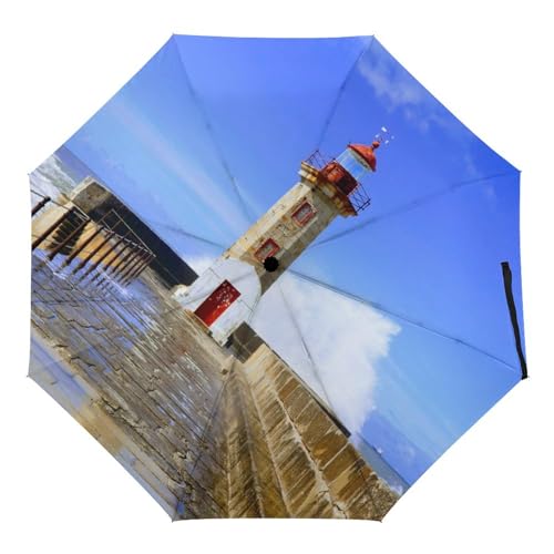 ORENZ Automatischer Regenschirm Ozean-Leuchtturm Faltbare Regenschirme Leichte Winddichte Regenschirme Tragbare Reiseschirme von ORENZ