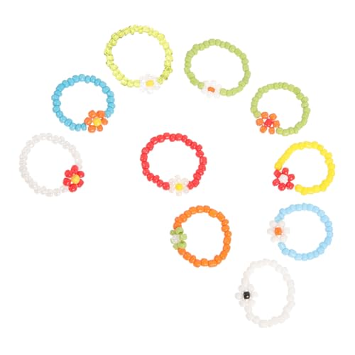 ORFOFE 10 Stück Teiliges Bunte Perlenringe Damen Gänseblümchen Motiv Elastische Leichte Kinderringe für Sommer Geburtstagsfeier Alltagsschmuck Handgefertigter Modeschmuck von ORFOFE