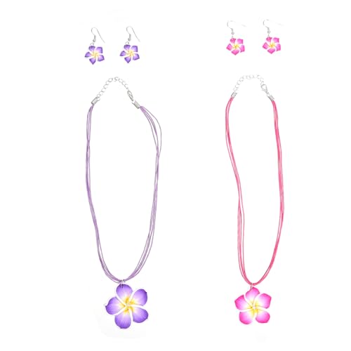 ORFOFE 2 Sätze Polymer Clay Plumeria Schmuckset Teilig mit Hawaii Blumen Ohrhänger und Halsketten in Violett Tropisches Hawaii Party Accessoire für Luau Strandfest und Kostümfeiern von ORFOFE
