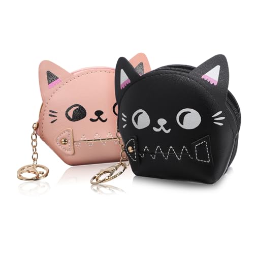 ORFOFE 2 Stück Süße Katzen Münzgeldbörse Kleine PU Schlüsselbörse mit Kätzchenform Niedliche Kleine Geldbörse Damen Kompakt und Langlebig als Ohrhörer Schlüssel Tasche von ORFOFE