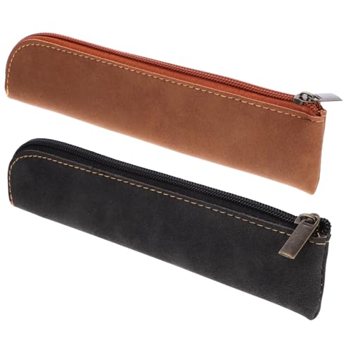 ORFOFE 2 Stück Teiliges PU Federmäppchen Dickes Mattiertes Leder Reißverschluss Stifttasche Süßes Mäppchen für Mädchen Vielseitige Kosmetiktasche und Reise Organizer Schwarz und Braun von ORFOFE