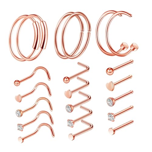 ORFOFE 21 STÜCKE Teiliges Nasenpiercing aus Rostfreiem Metall Stilvolle Filigrane Nasenstecker und Nasenringe in Roségold Modische Nasenschmuck Accessoires für Damen und Herren von ORFOFE