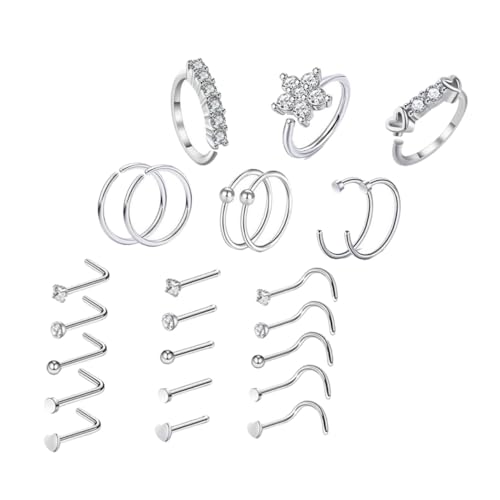 ORFOFE 24 Stück Teiliges Nasenpiercing aus Edelstahl mit Funkelnden Zirkonia Hautfreundliche Rostfreie Nasenringe und Nasenstecker Modischer Körperschmuck für Damen und Herren von ORFOFE