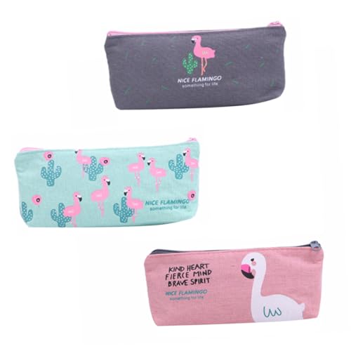 ORFOFE 3 Stück Teiliges Canvas Federmäppchen Flamingo Design Langlebig Große Kapazität Reißverschlussgesichert Multifunktionale Stiftetasche für Schüler Praktische Zufällige Farbe von ORFOFE