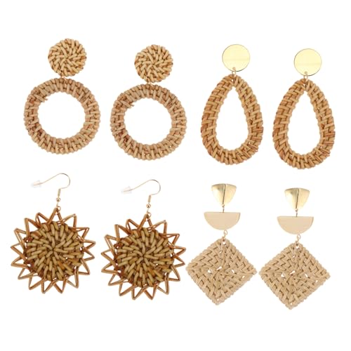 ORFOFE 4 Paare Retro Handgefertigte Rattan Ohrringe Leicht Lange Baumelnde Ohrhänger Modisch Für Damen Alltag Party von ORFOFE
