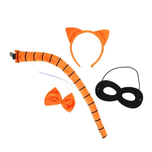 ORFOFE 4 Stück Teiliges Katzenkostüm Set Damen Verstellbares Katzenohren Stirnband Katzenschwanz Fliege und Schwarzer Halloween Augenmaske Niedliches Cosplay Zubehör für Faschingskostüm von ORFOFE