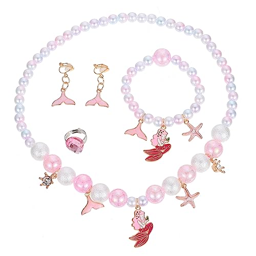 ORFOFE 4 Stück Teiliges Set Meerjungfrau Armband Halskette Ring Schmuckset mit Bunten Perlen Accessoires für Geburtstagsfeiern und Besondere Anlässe von ORFOFE