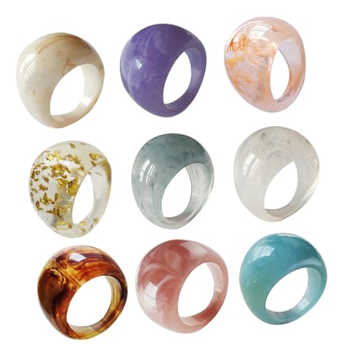 ORFOFE 9 Stück Teiliges Harz Fingerring Bunte Transparente Ringe mit Feiner Verarbeitung Persönlichkeitsschmuck für Damen Leicht Vielseitig für Alltag und Besondere Anlässe von ORFOFE