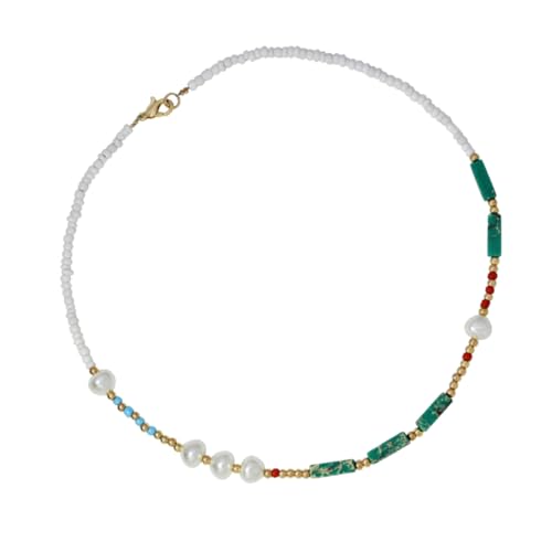 ORFOFE Boho Damen Halskette mit Bunten Perlen und Grünen Halbedelsteinen Handgefertigte Schlichte Bohemian Perlenkette Modischer Schmuck für Frauen Teilig von ORFOFE