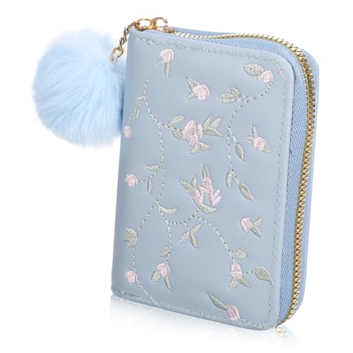 ORFOFE Damen Mini Geldbörse Wallet mit Reißverschluss Münzfach und Kartenfächern Kleines Leichtes Portemonnaie aus Blauem PU Kompakte Münzbörse für Alltag und Reisen von ORFOFE