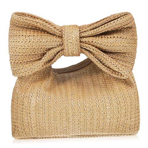ORFOFE Einkaufstasche aus Stroh Weiden Strohanfang Strand Rattan-Geldbörse Quaste Handtaschen aus Stroh für Damen Unterarmtasche gewebte Sommertasche Khaki von ORFOFE