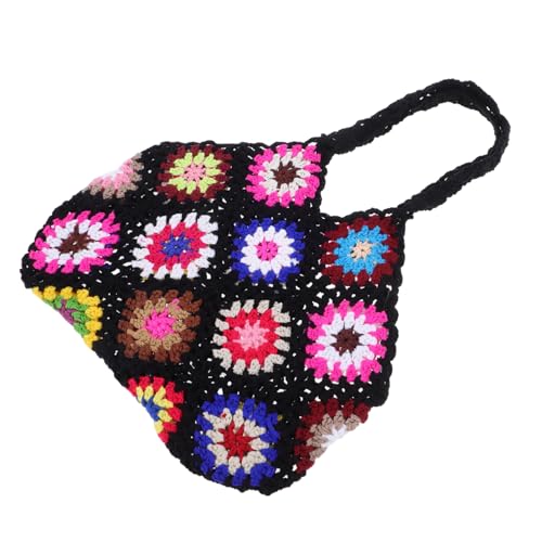 ORFOFE Geflochtene Handtasche Damen Handgehäkelte Umhängetasche mit Ethno Muster Leichte Schultertasche für Alltag und Reisen Nachhaltige Einkaufstasche Kleine Tote Bag Schwarz von ORFOFE